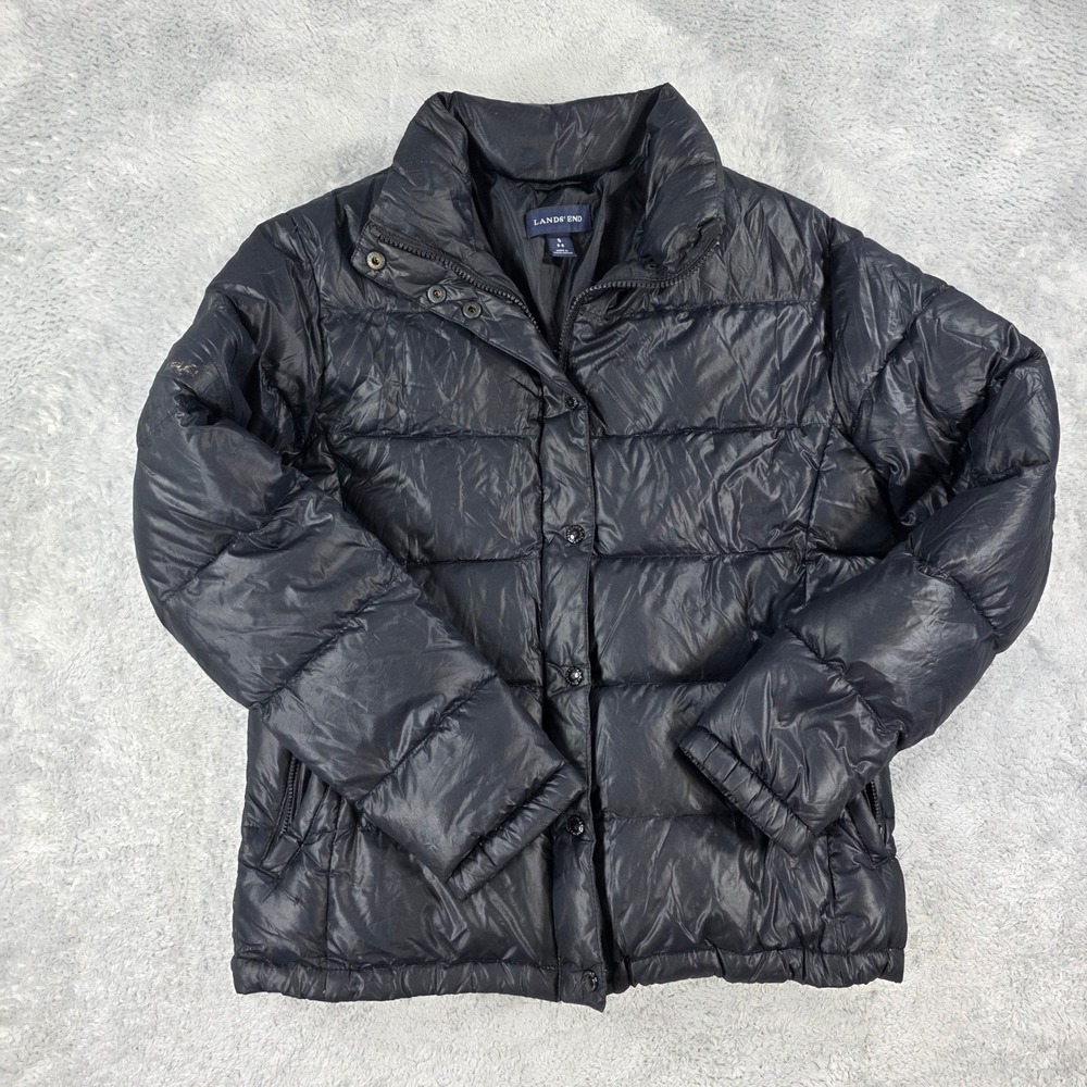 Lands' End Quilted Down Feather Puffer Jacket Black Small 6-8 Womens Winter Coat